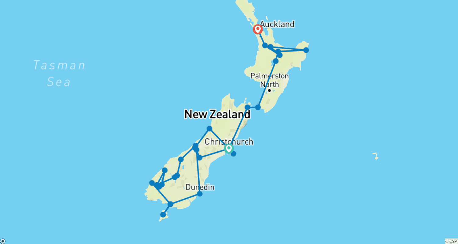 Mapa do percurso de Descoberta da Nova Zelândia de Trem e Cruzeiro Christchurch → Auckland (2027)