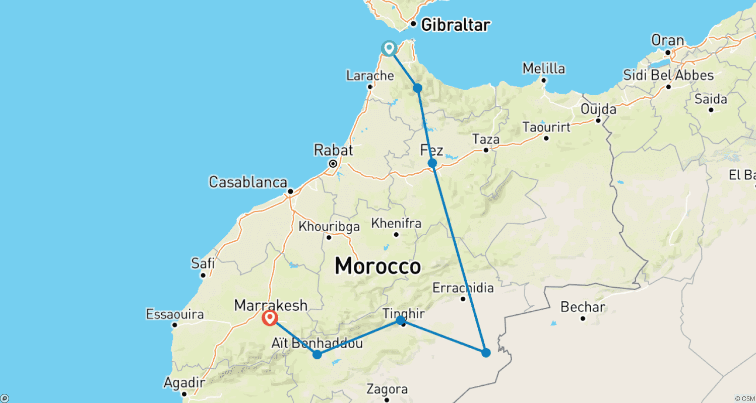 Mapa do percurso de Grande Tour de Marrocos: Norte a Sul - 11 Dias