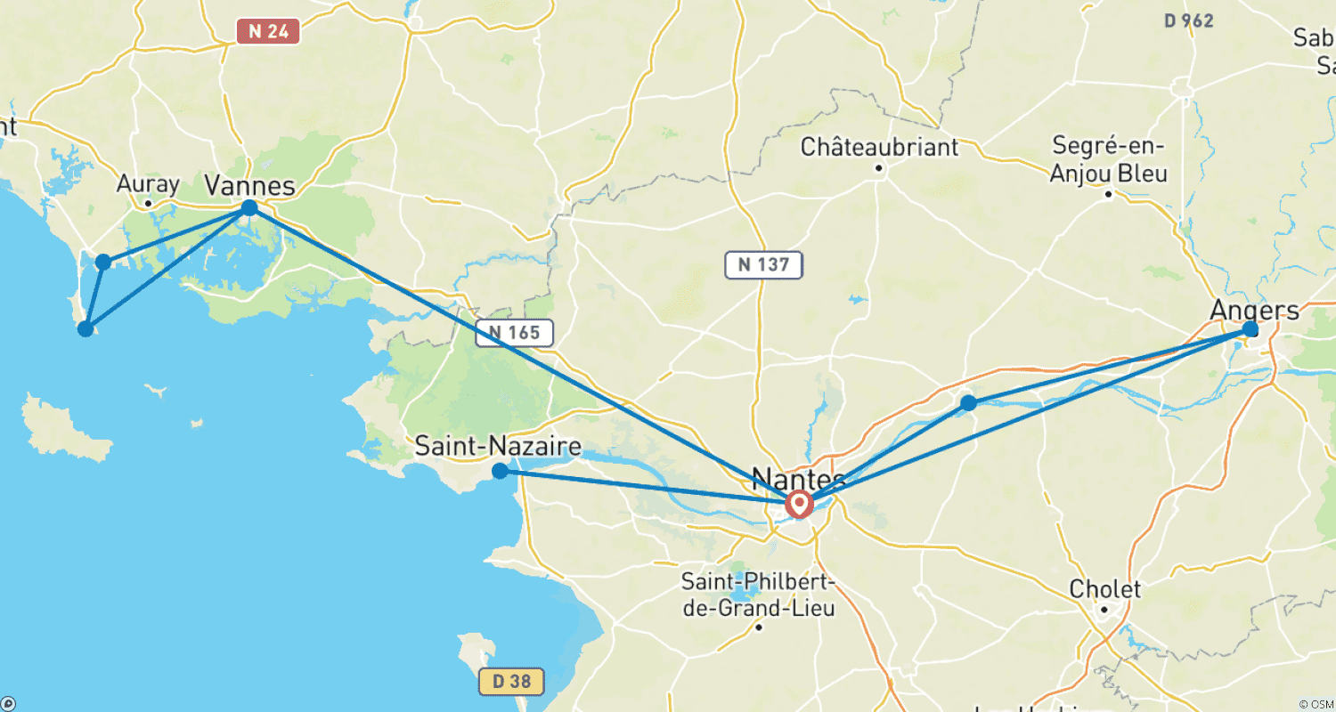 Mapa do percurso de Bela Bretanha e Opulência Real no Loire