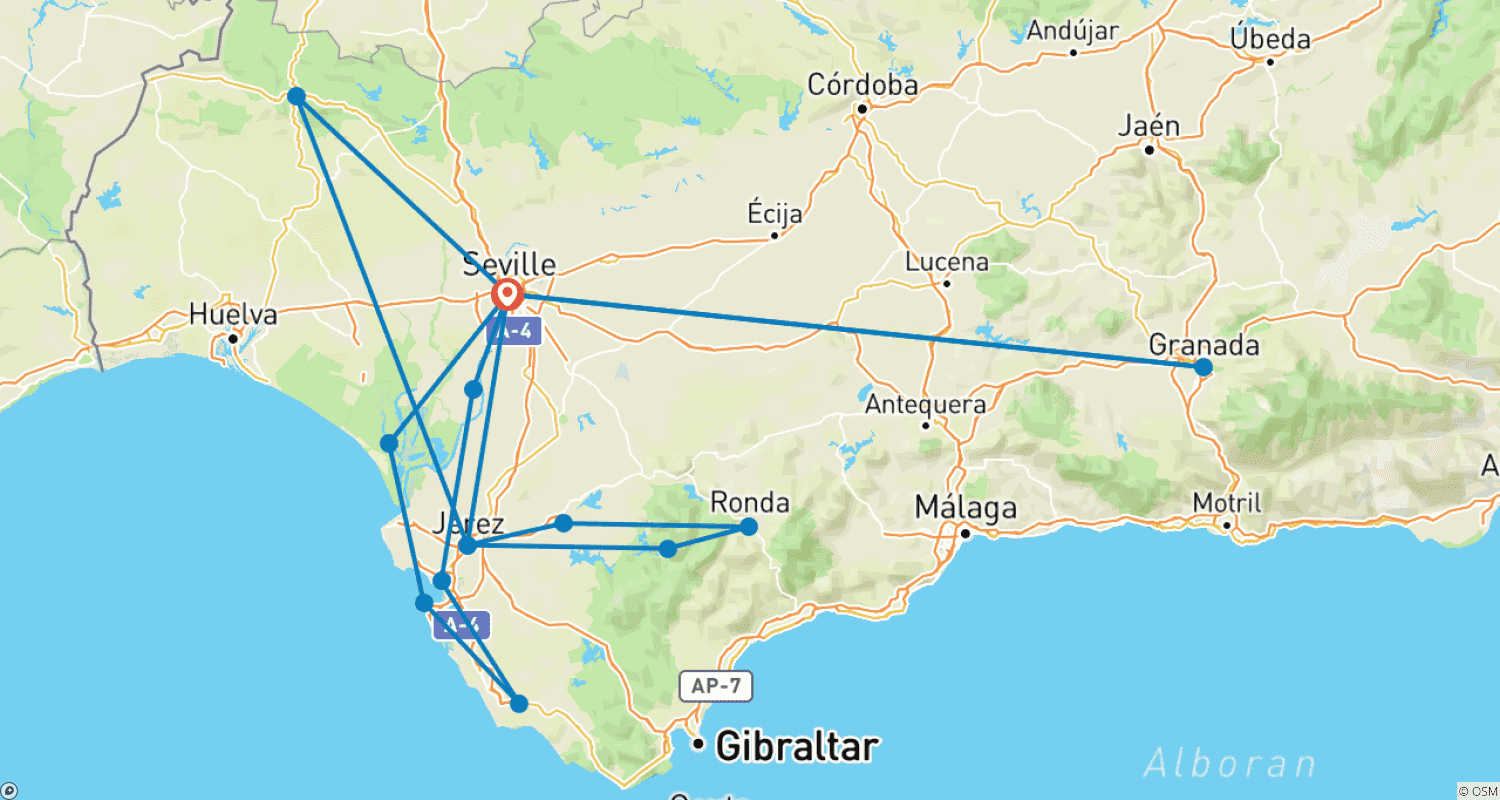 Mapa do percurso de A Rota do Jamón Ibérico e os Pueblos Blancos - Andaluzia Incrível: Arquitetura Tradicional Encantadora e Culinária Fabulosa (cruzeiro de porto a porto)