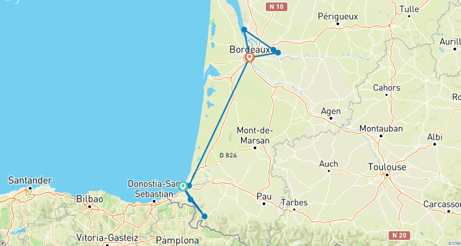 Mapa do percurso de Do País Basco Francês a Bordeaux - Fina culinária francesa ao pé dos Pirenéus e uma escapadela na Gironde (cruzeiro de porto a porto)