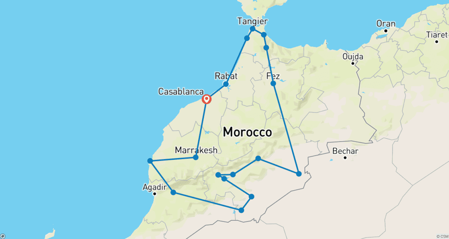 خريطة مسار جولات المغرب الكبرى من الدار البيضاء، مخيم فاخر – 20 يومًا