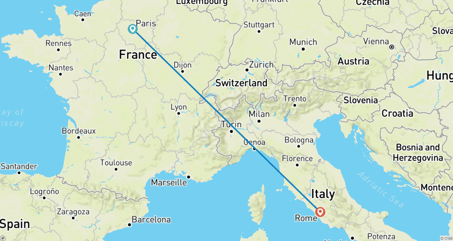 Mapa do percurso de Paris e Roma: Dupla Mágica