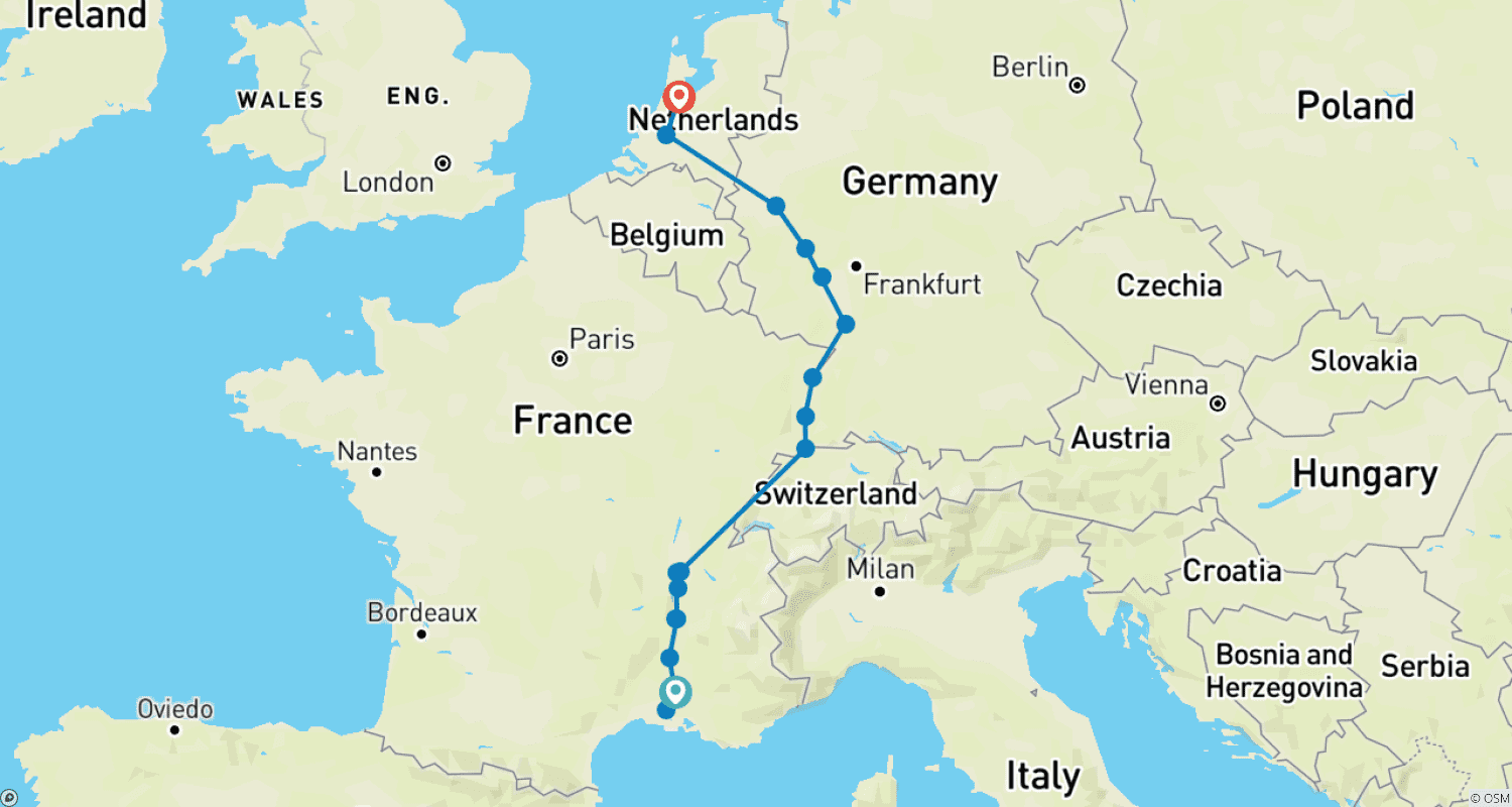 Mapa do percurso de Lyon, Provença e Renânia: De Avignon a Amsterdã