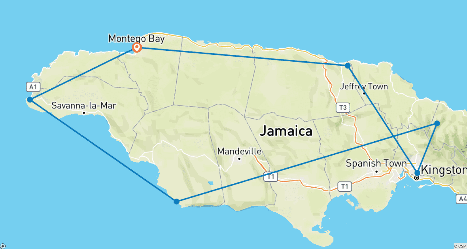 Mapa do percurso de Viagem Familiar Personalizada de 10 Dias na Jamaica, Partida Diária e Guia Privado