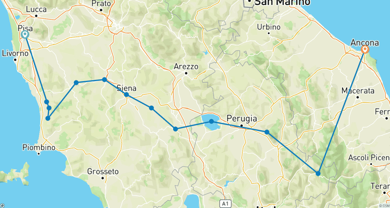 イタリア コースト・トゥ・コースト ラグジュアリーサイクリングツアーのルートマップ