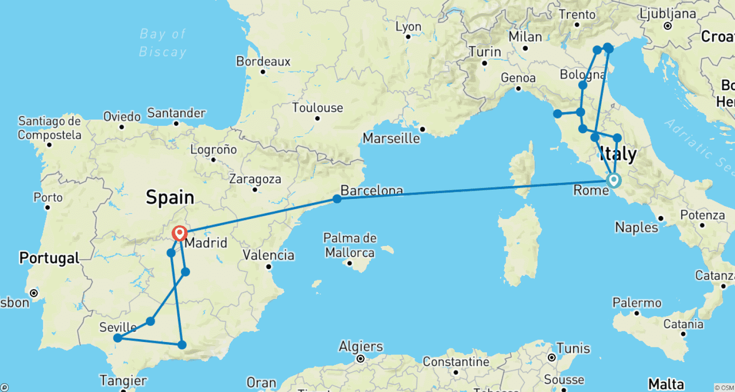 Mapa do percurso de Destaques da Itália e Espanha - 17 Dias