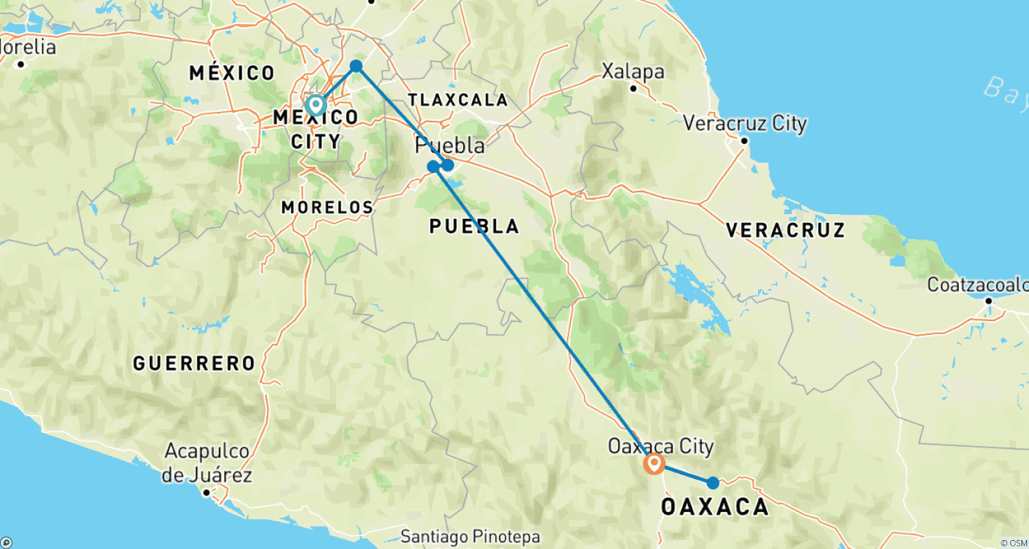 Mapa do percurso de Da Cidade do México a Oaxaca: Cerâmica e Pirâmides Astecas