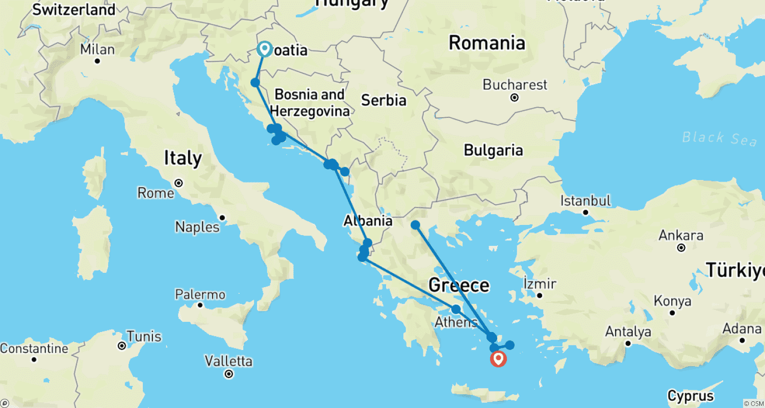 Mapa do percurso de Da Croácia às Ilhas Gregas: Noites em Zagreb e Vistas de Santorini