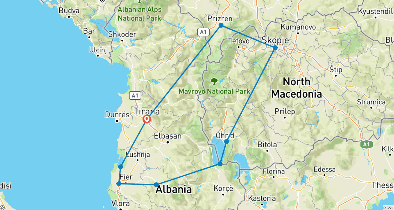 Route map for Private Balkan Discovery | Albania, Kosovo & North Macedonia in 4 Days"