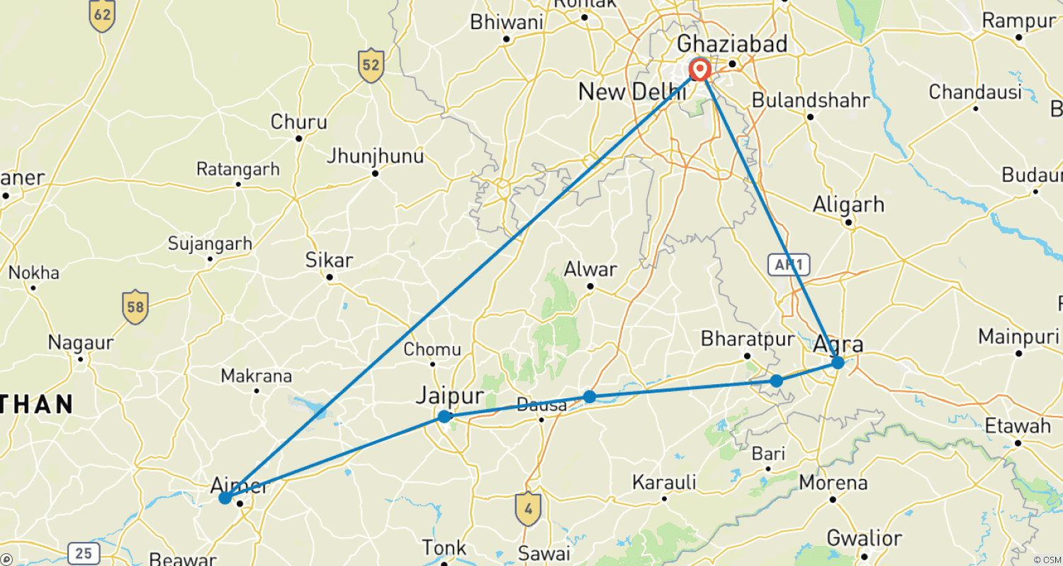 Mapa trasy: Golden Triangle with Pushkar ( 6 Nights / 7Days )
