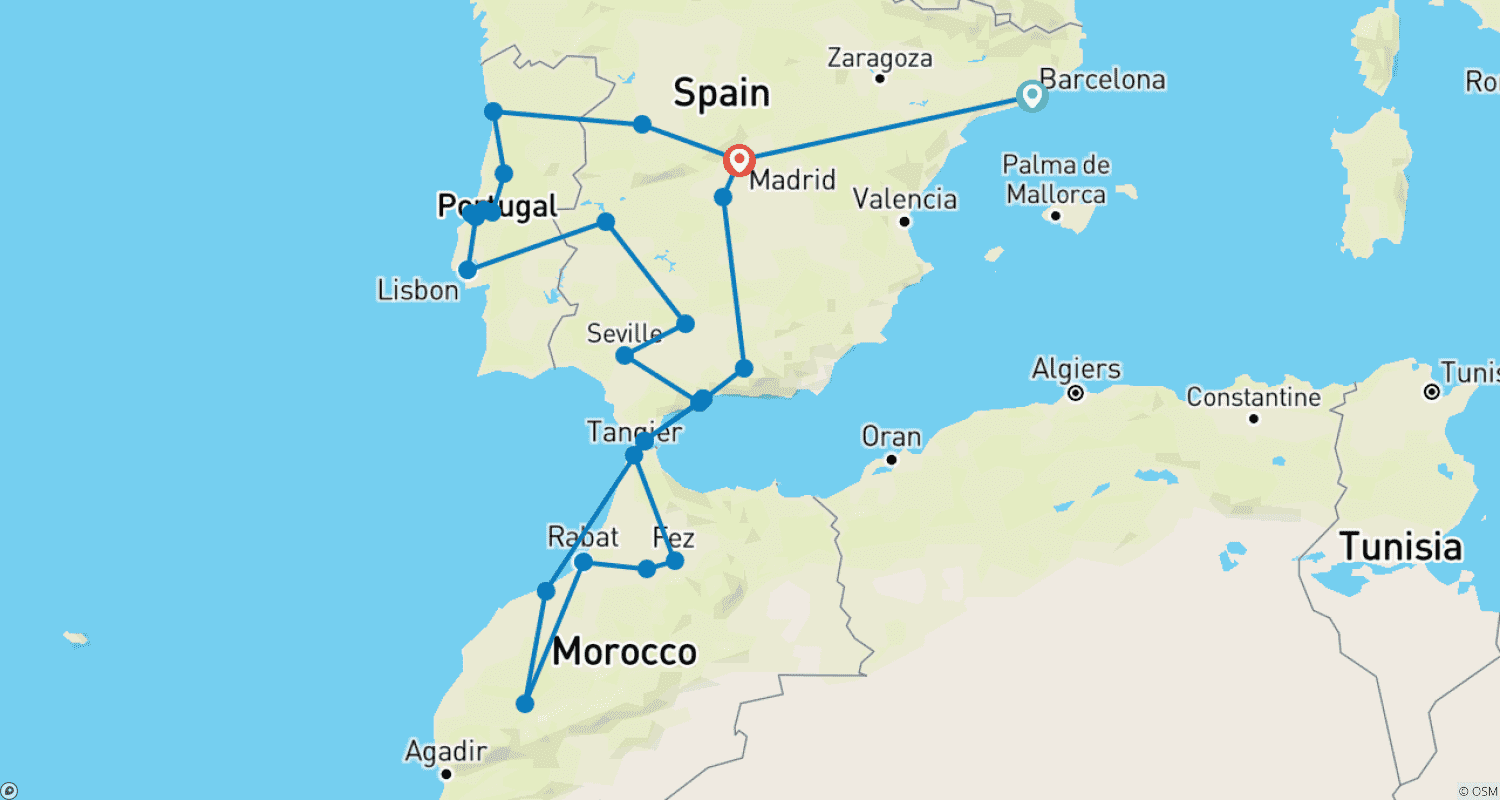 خريطة مسار جولة لمدة 22 يومًا في البرتغال والأندلس والمغرب من برشلونة إلى مدريد