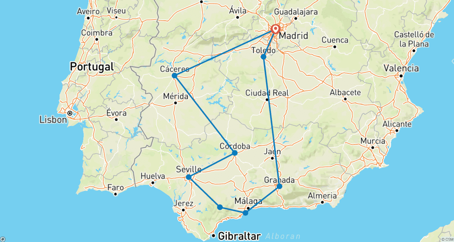 Mapa do percurso de Excursão de 9 Dias a Madrid, Andaluzia e Relaxamento na Costa do Sol