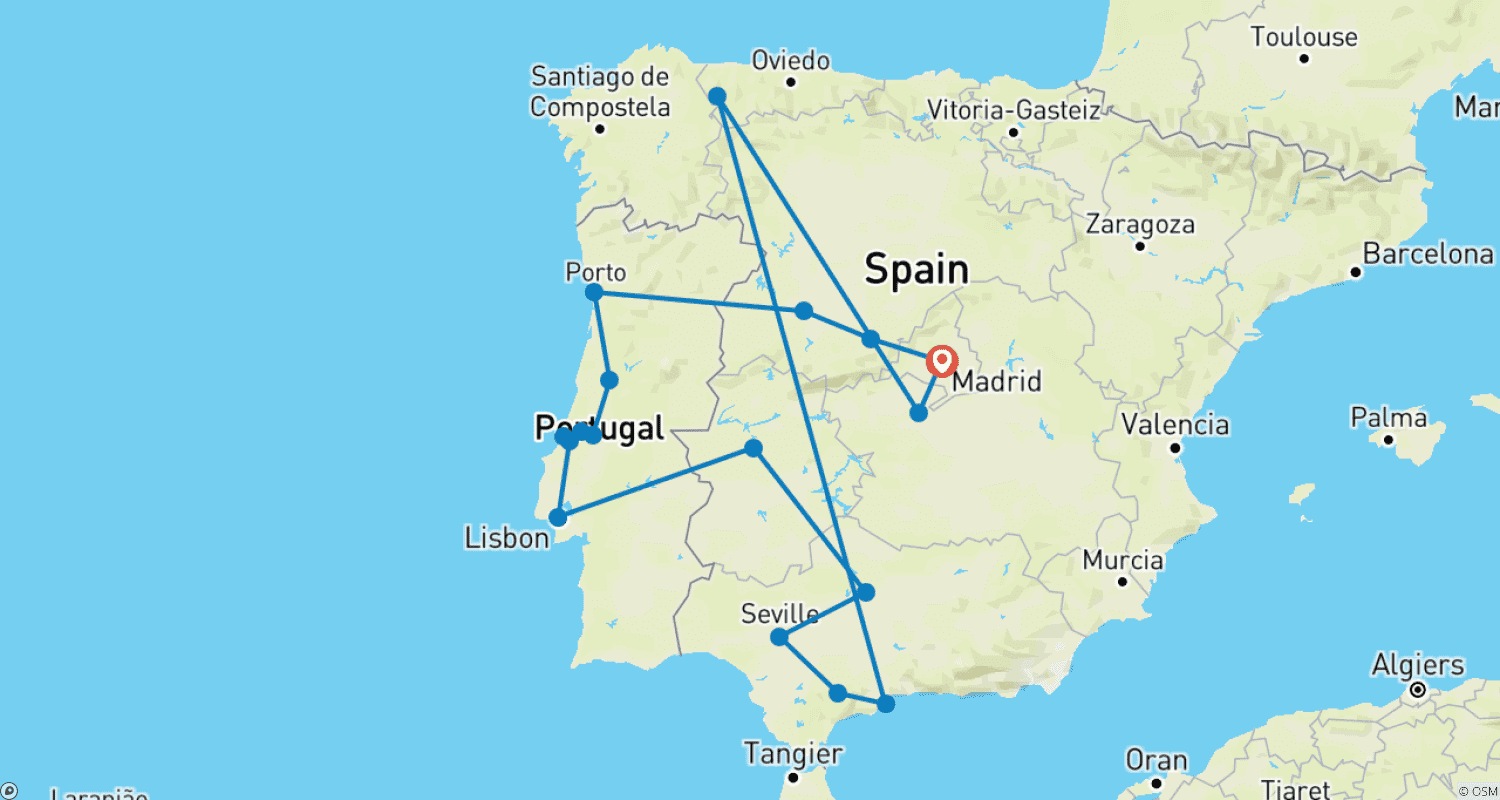 14-Day Tour Portugal and Andalusia from Madridのルートマップ
