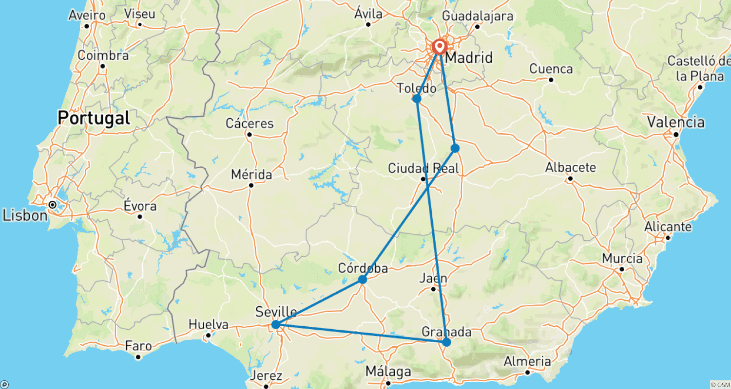 Mapa trasy: 5-dniowa wycieczka po Andaluzji i Toledo z Madrytu