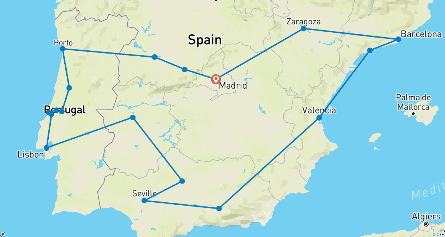 マドリード発 ポルトガル、アンダルシア、地中海の主要都市を巡る13日間の旅のルートマップ