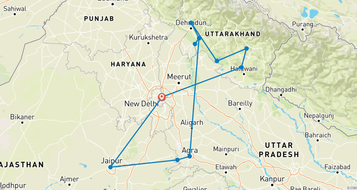 Mapa trasy: Perły natury w Uttarakhand ze Złotym Trójkątem