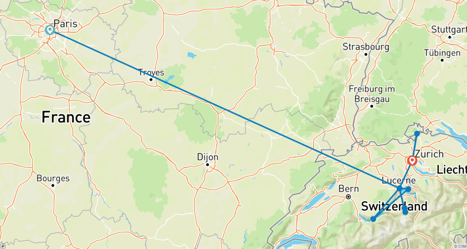 Trip to Paris and Switzerlandのルートマップ