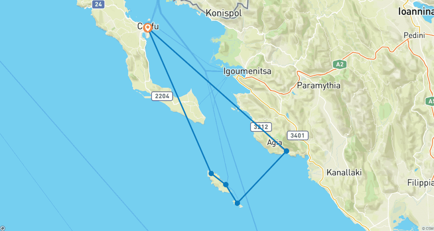 Mapa do percurso de Cruzeiro de Vela Jônico - Corfu (8 dias)