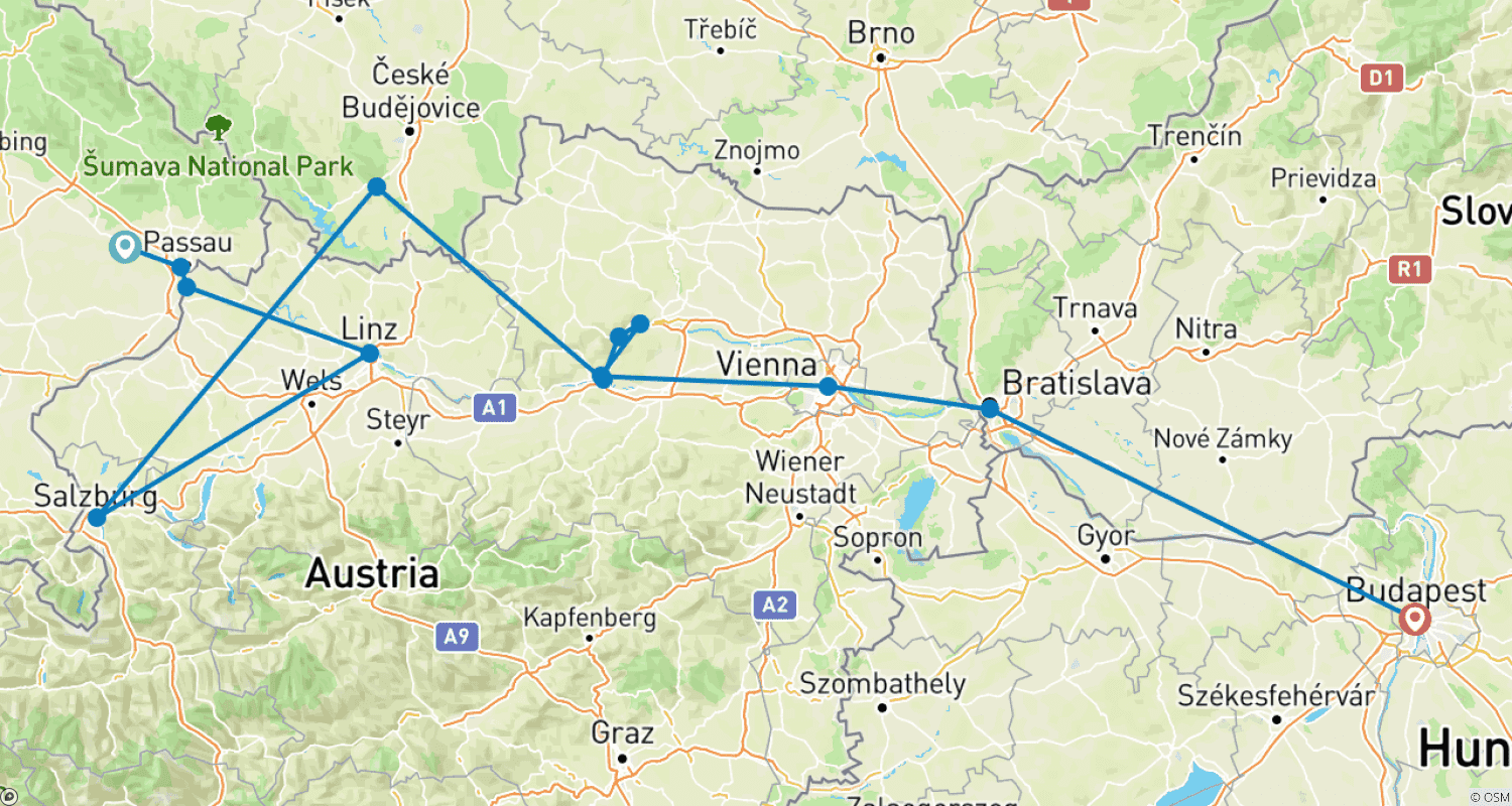 Mapa do percurso de Mercados de Natal no Danúbio 2024