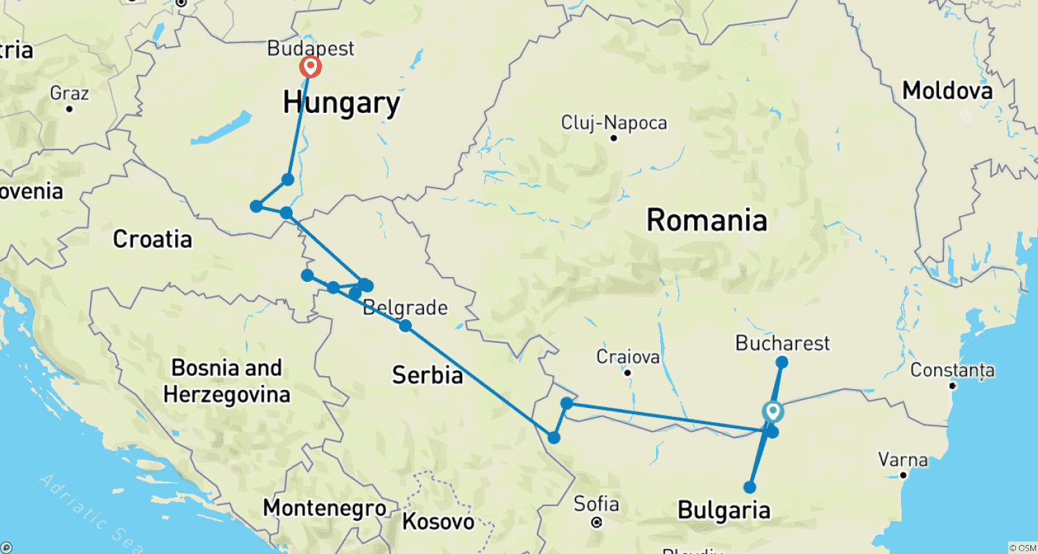 Mapa trasy: Klejnoty Europy Południowo-Wschodniej 2025 Początek w Giurgiu, Koniec w Budapeszcie