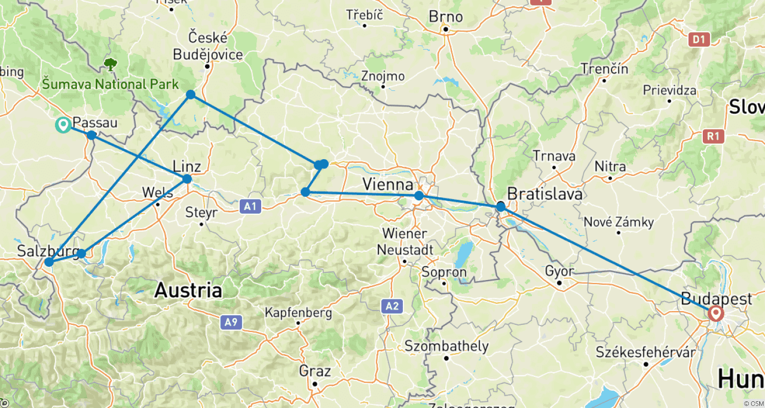 Mapa do percurso de Danúbio Romântico (Cruzeiro de Natal) 2024