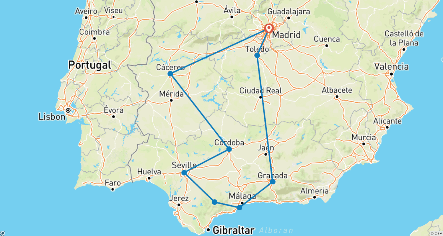 Mapa do percurso de Excursão de 9 Dias de Ida e Volta de Madri à Andaluzia