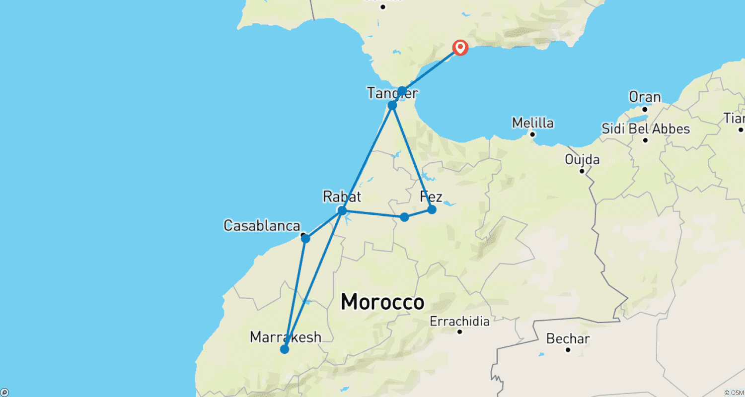 Mapa do percurso de Excursão de 5 Dias Marrocos, Cidades Imperiais Expresso da Costa do Sol