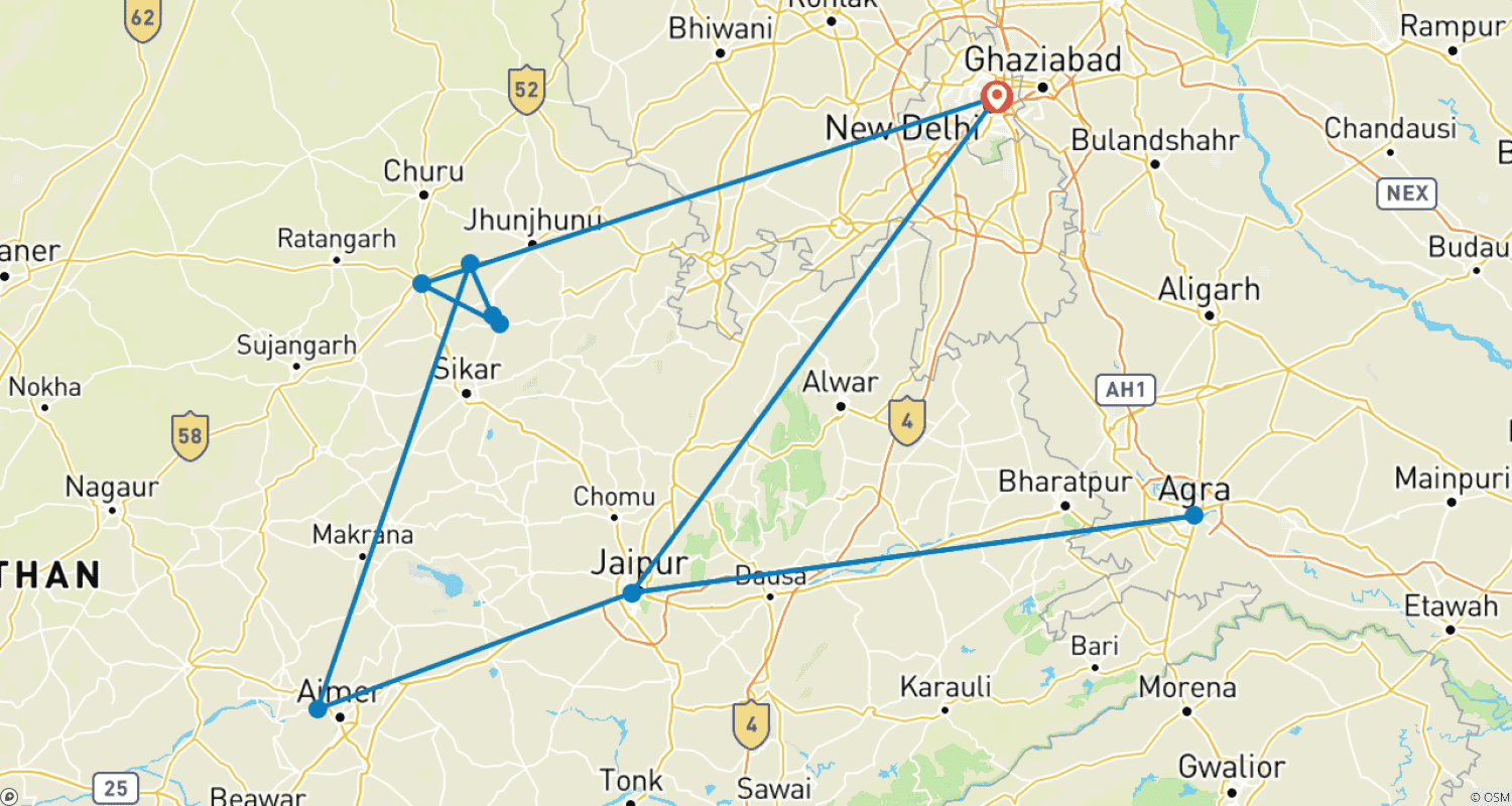 Mapa trasy: Jaipur i rozszerzenia Indii Rajasthan 14 dni 1000