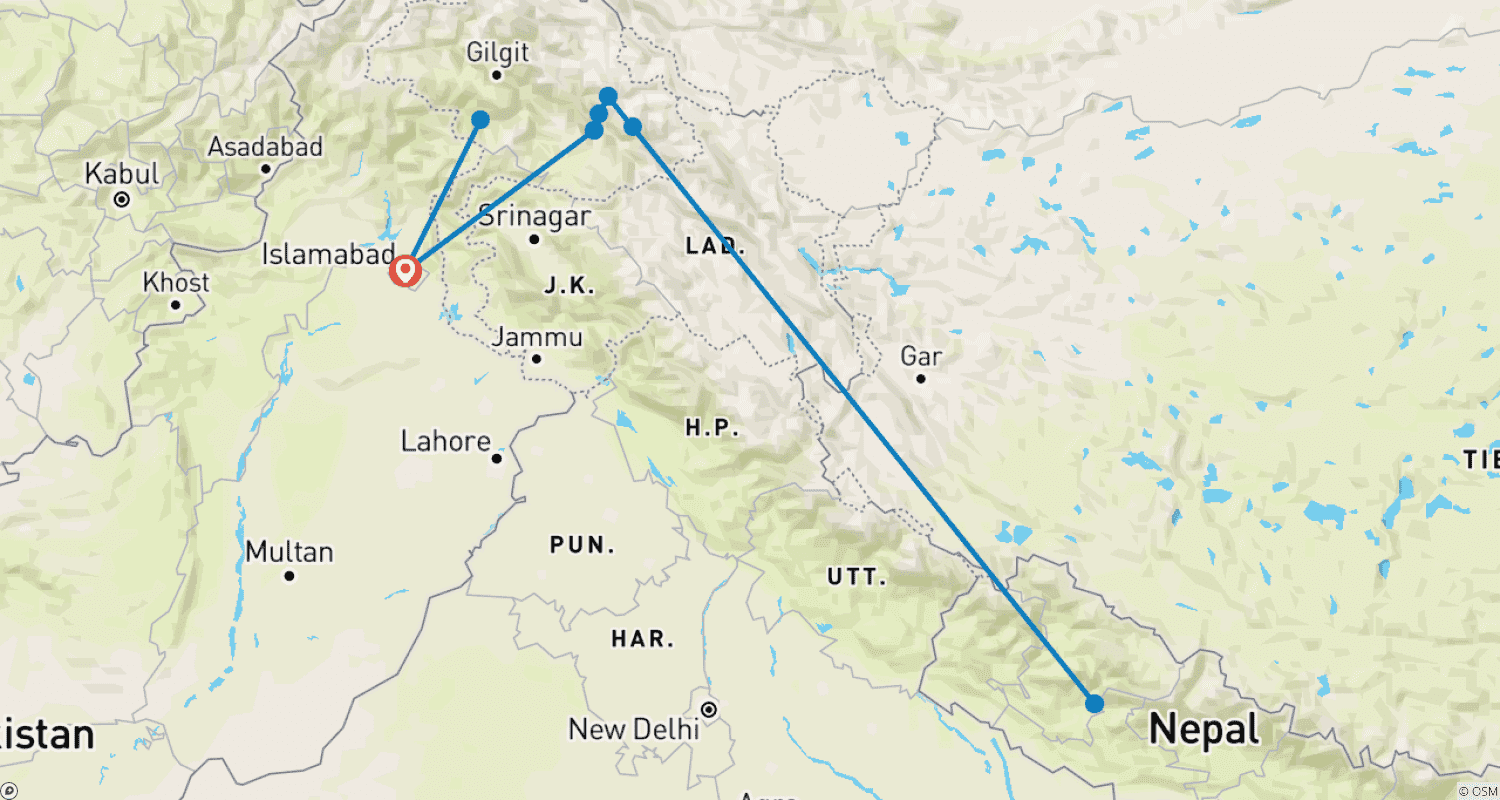 خريطة مسار k2 Base Camp Trek 2026 and 2027 - Exploria Tours