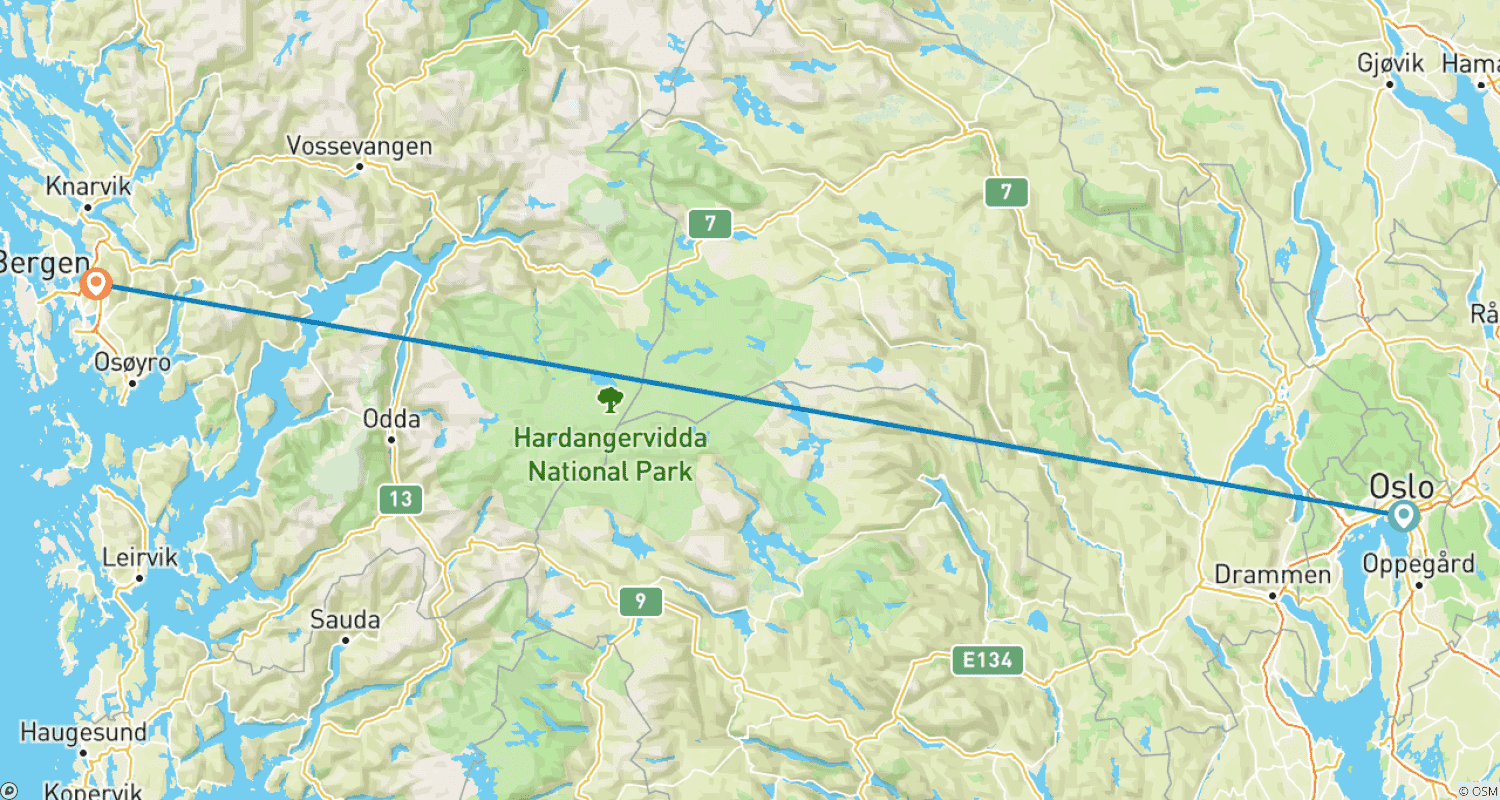 Norway in a Nutshell (OsloからFlam経由でBergenへ)のルートマップ