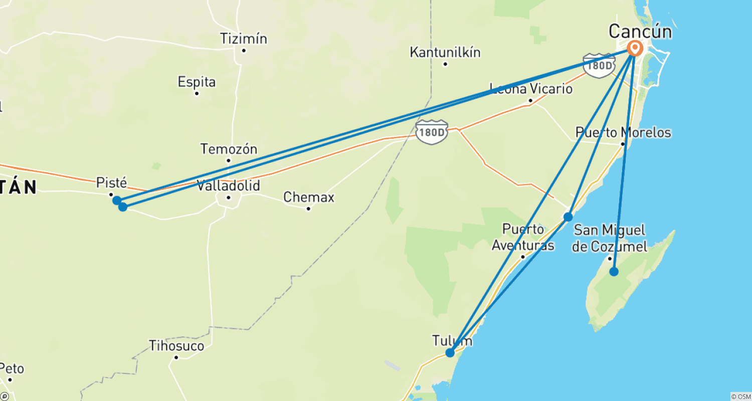 Mapa do percurso de Aventura no MÉXICO – Cancun Tulum Cozumel