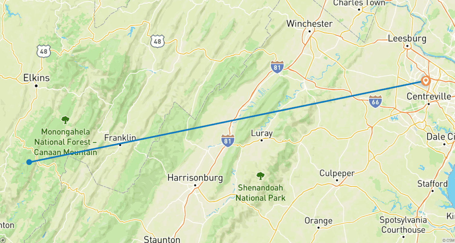 Mapa trasy: USA – 5 dni Shenandoah – Przygoda w Wirginii Zachodniej ze wspinaczką skałkową via Ferrata