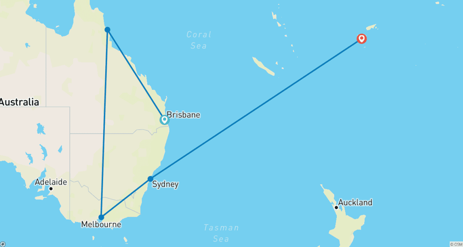 Mapa trasy: AUSTRALIA – Najważniejsze atrakcje Fidżi z Brisbane, Cairns, Melbourne, Sydney
