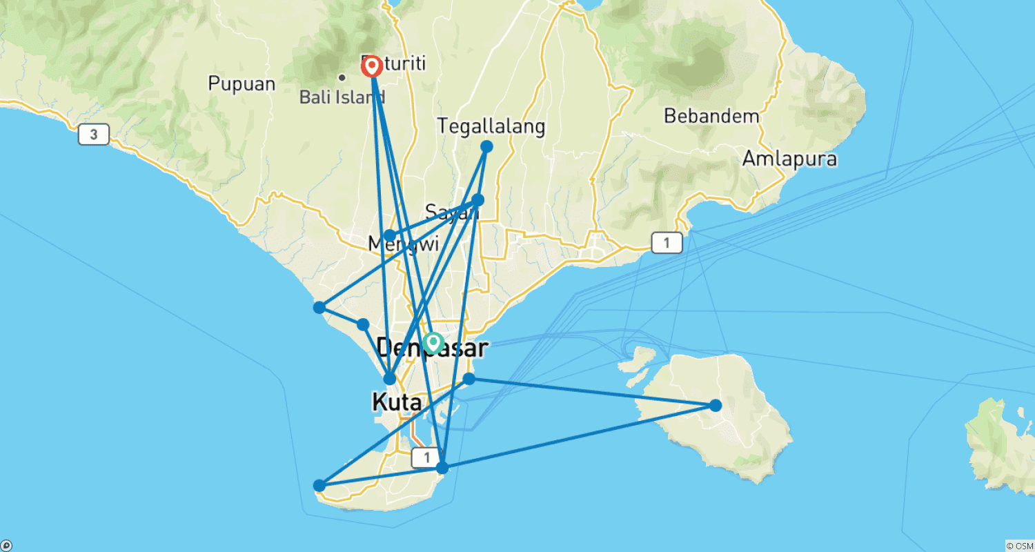 Mapa trasy: Wymarzony Miesiąc Miodowy/Rocznica na Bali 11 dni Nusa Dua, Ubud, Seminyak, Penida