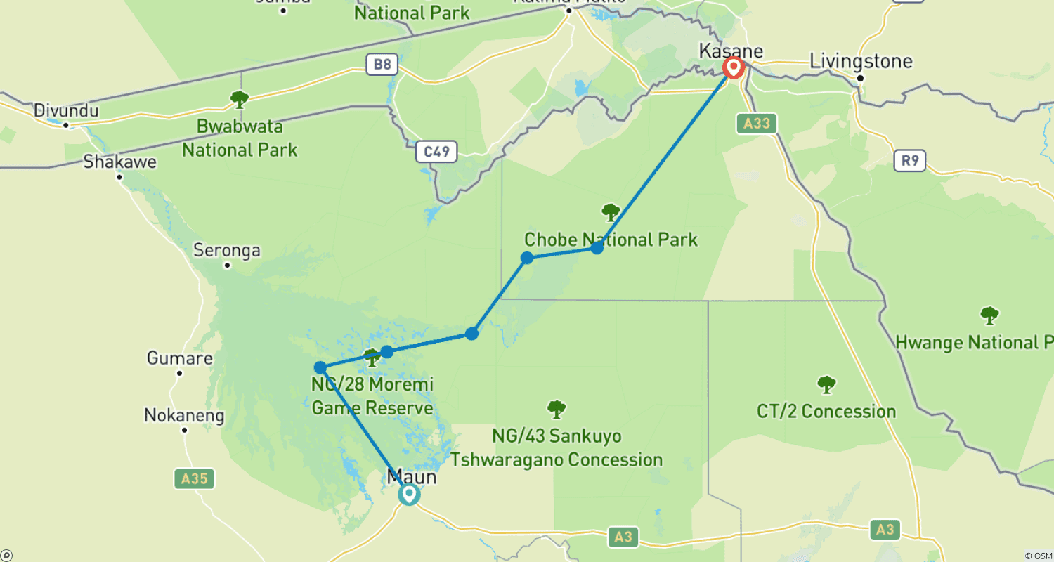 Mapa trasy: Szyta na miarę 10-dniowa wycieczka po Botswanie z mobilnym safari kempingowym, codzienne wyjazdy