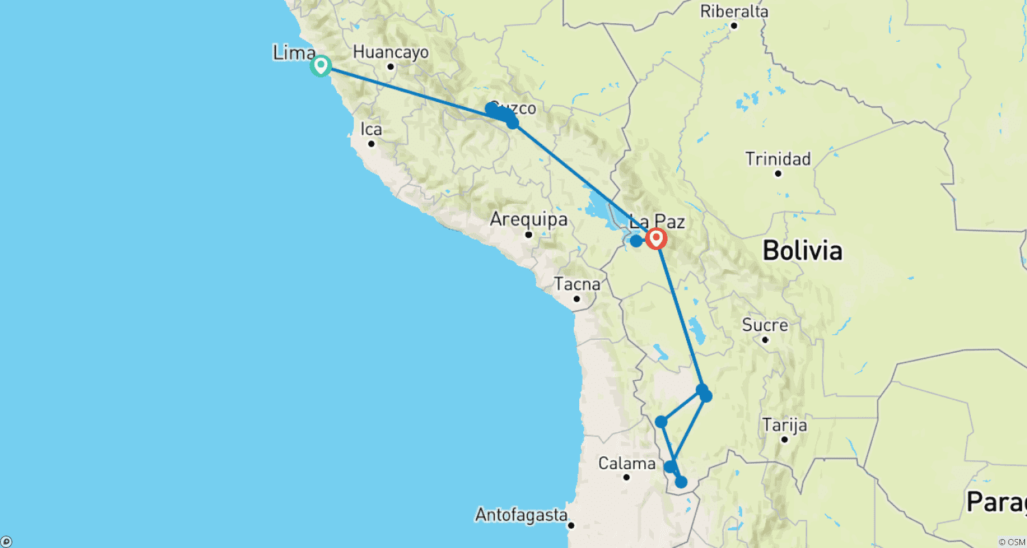 Mapa do percurso de Tour Privado de 13 Dias Sob Medida no Peru e Bolívia, Partidas Diárias e Totalmente Guiado