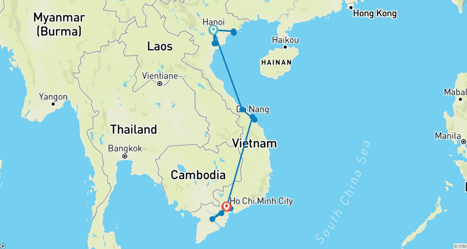 Mapa trasy: Witaj Wietnamie – wycieczka pakietowa w 11 dni - Hanoi / Zatoka Ha Long / Hue / Hoi An / Ho Chi Minh