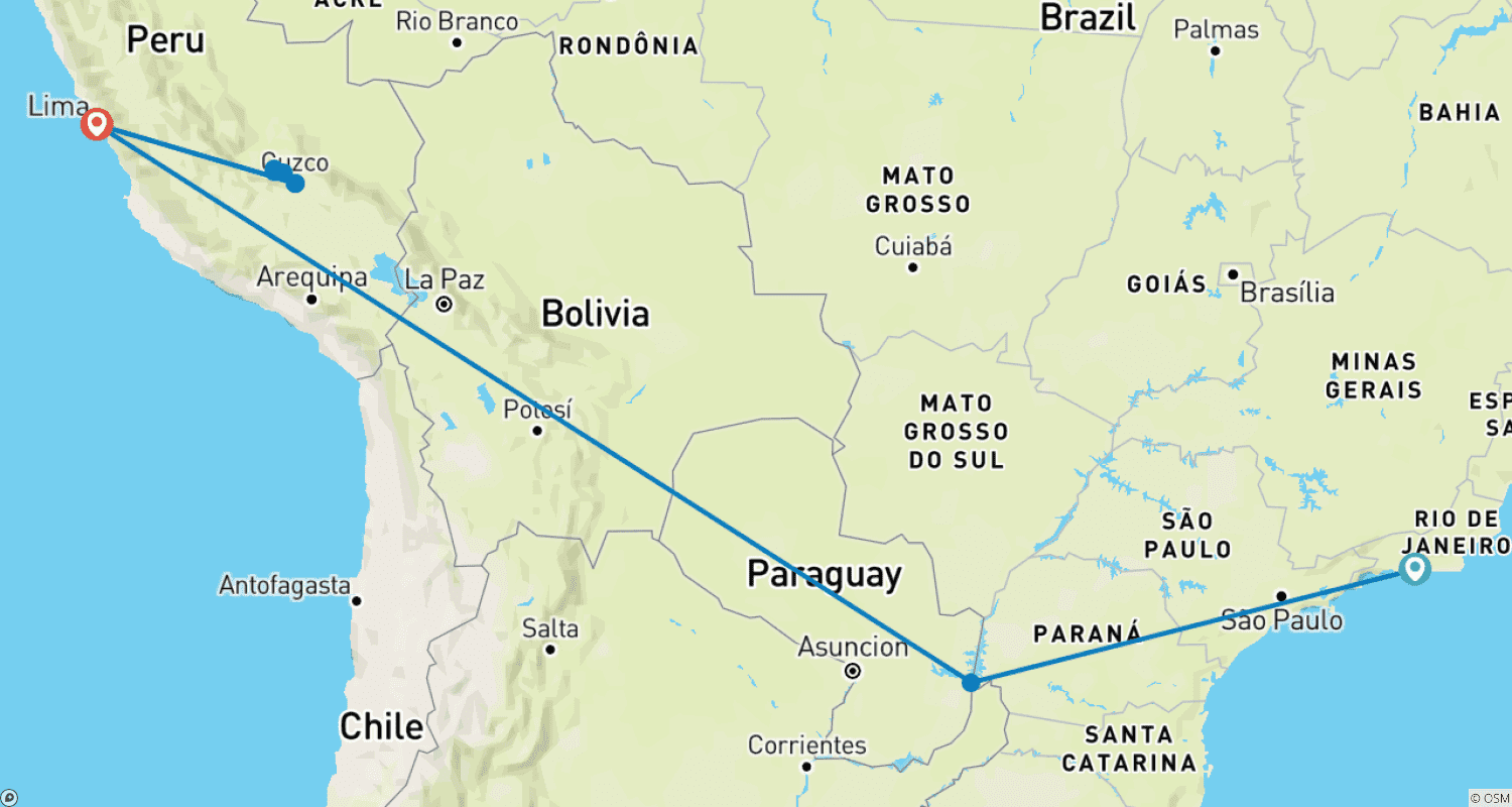 Mapa do percurso de Excursão Privada Personalizada de 12 Dias ao Brasil e Peru, Partidas Diárias e Guia Privado