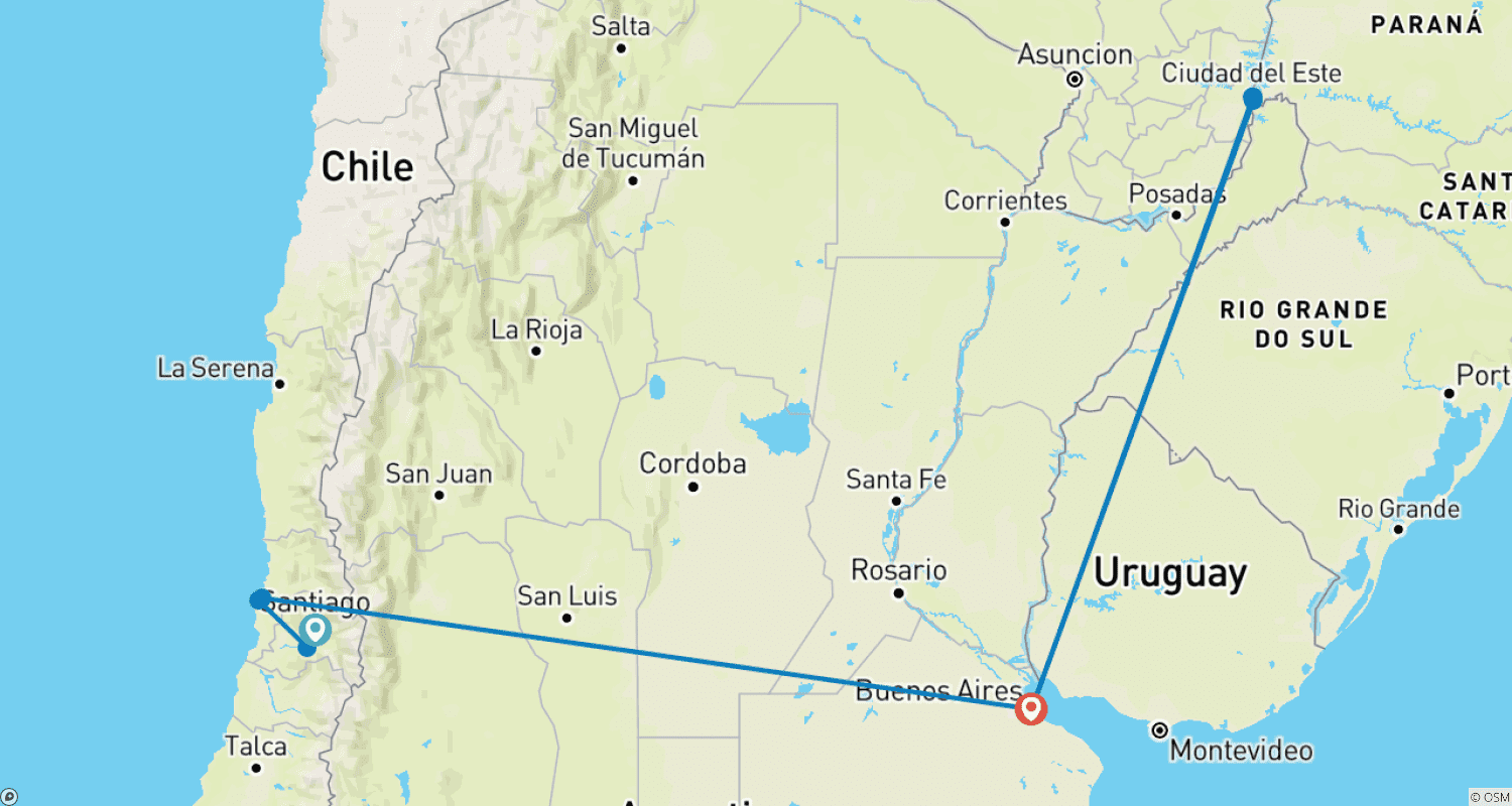 Mapa do percurso de Tour de Luxo Privado de 10 Dias Sob Medida pelo Chile e Argentina, Partida Diária