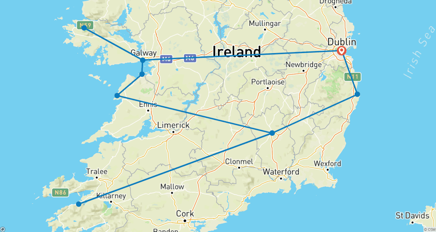 Mapa do percurso de Viagem de Ida e Volta à Irlanda