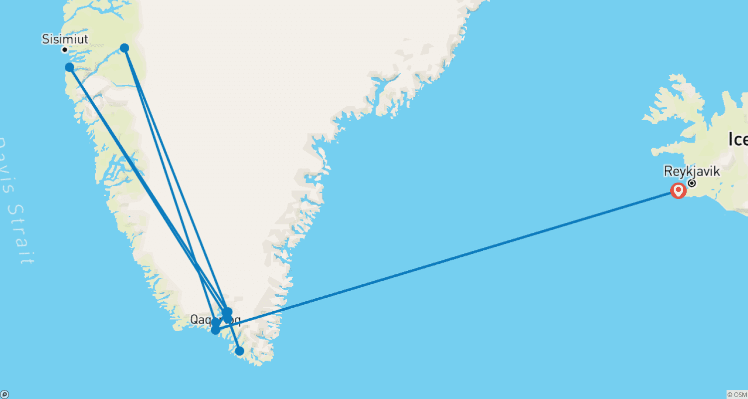 Mapa do percurso de Entre Icebergs e Geleiras