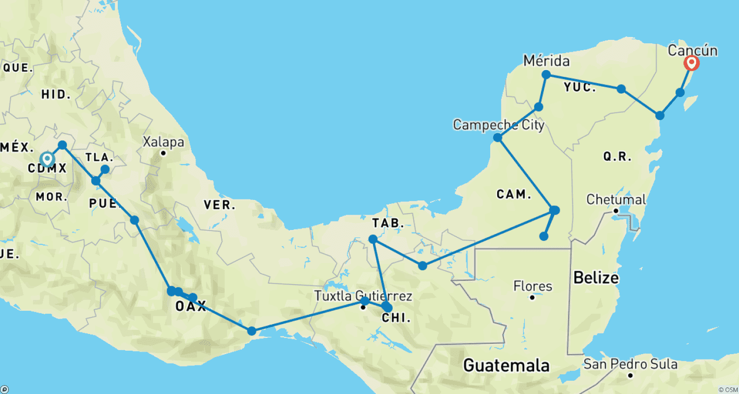 マヤとアステカの世界を巡る旅のルートマップ