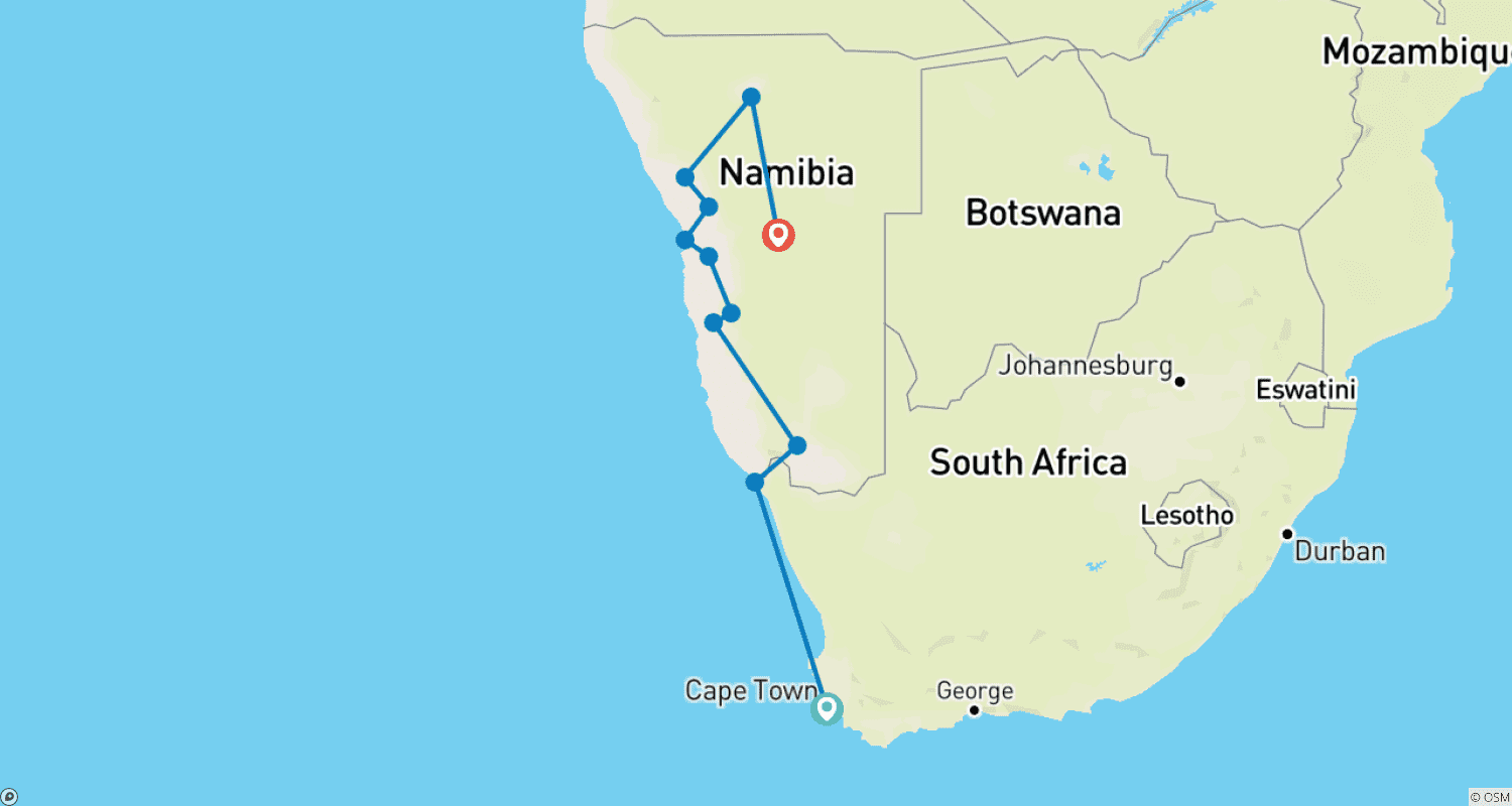 Mapa do percurso de Do Cabo a Windhoek em um safári de acampamento