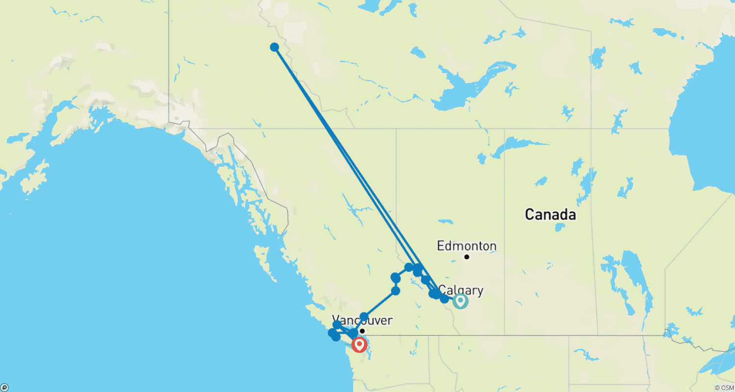 Mapa do percurso de Os Parques Nacionais Mais Bonitos do Oeste do Canadá