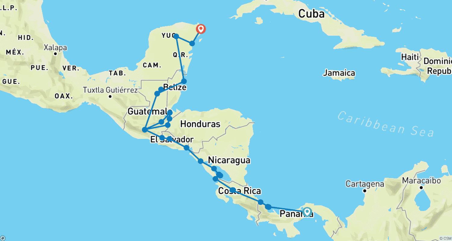 Mapa do percurso de Aventura Transamérica Central (da Cidade do Panamá a Cancun)