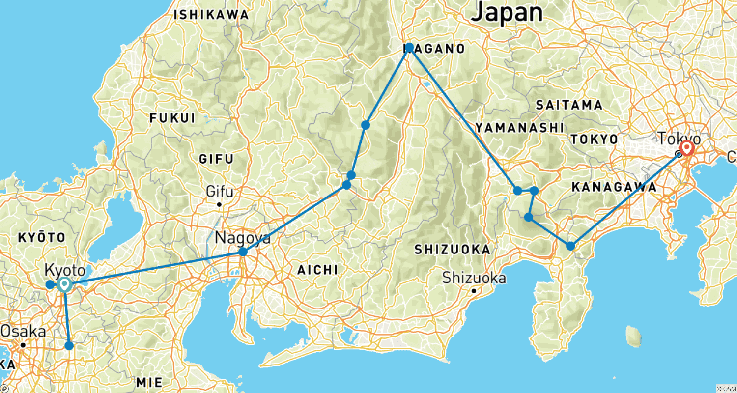 Mapa do percurso de A "Rota Dourada" e o Japão Antigo
