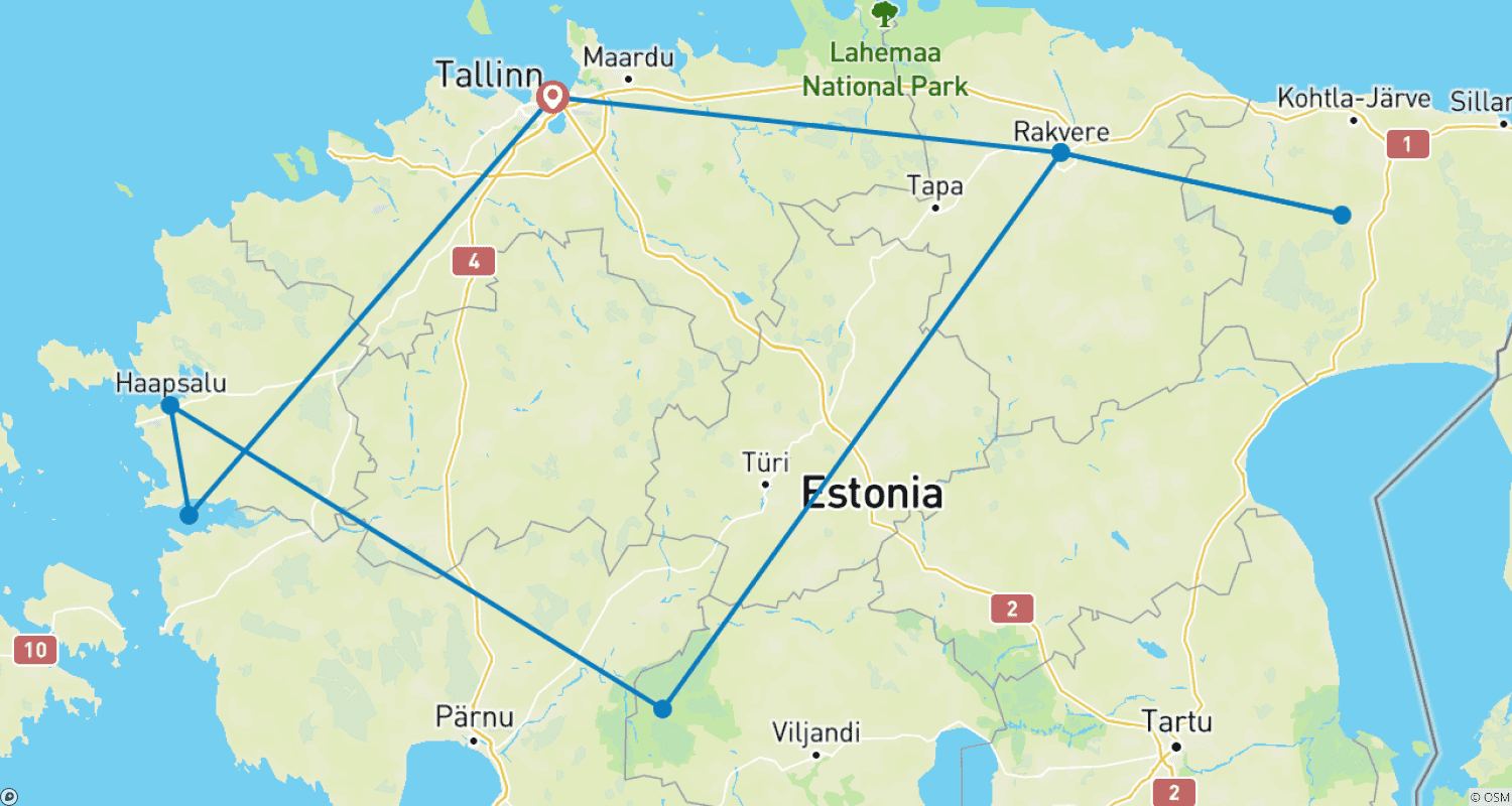 Mapa do percurso de Beleza Selvagem nos Bálticos - Charnecas, Florestas, Ilhas Bálticas