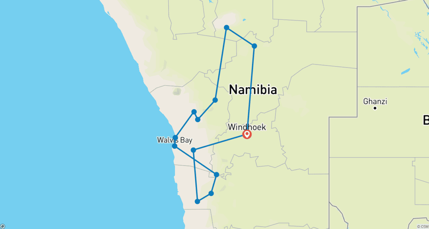 Mapa trasy: Między Sossusvlei a Etosha
