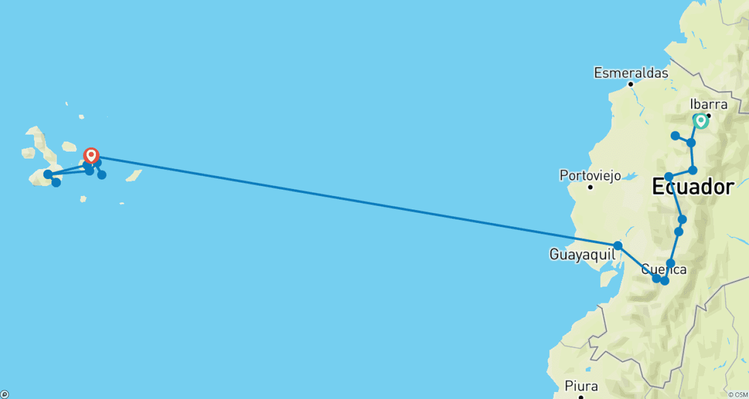 Mapa do percurso de Destaques do Equador e Passeio entre Ilhas Galápagos